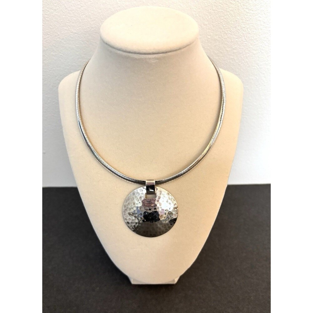 Vior Italy Sterling Silver 16in Omega Chain 6mm with Hammered Pendant